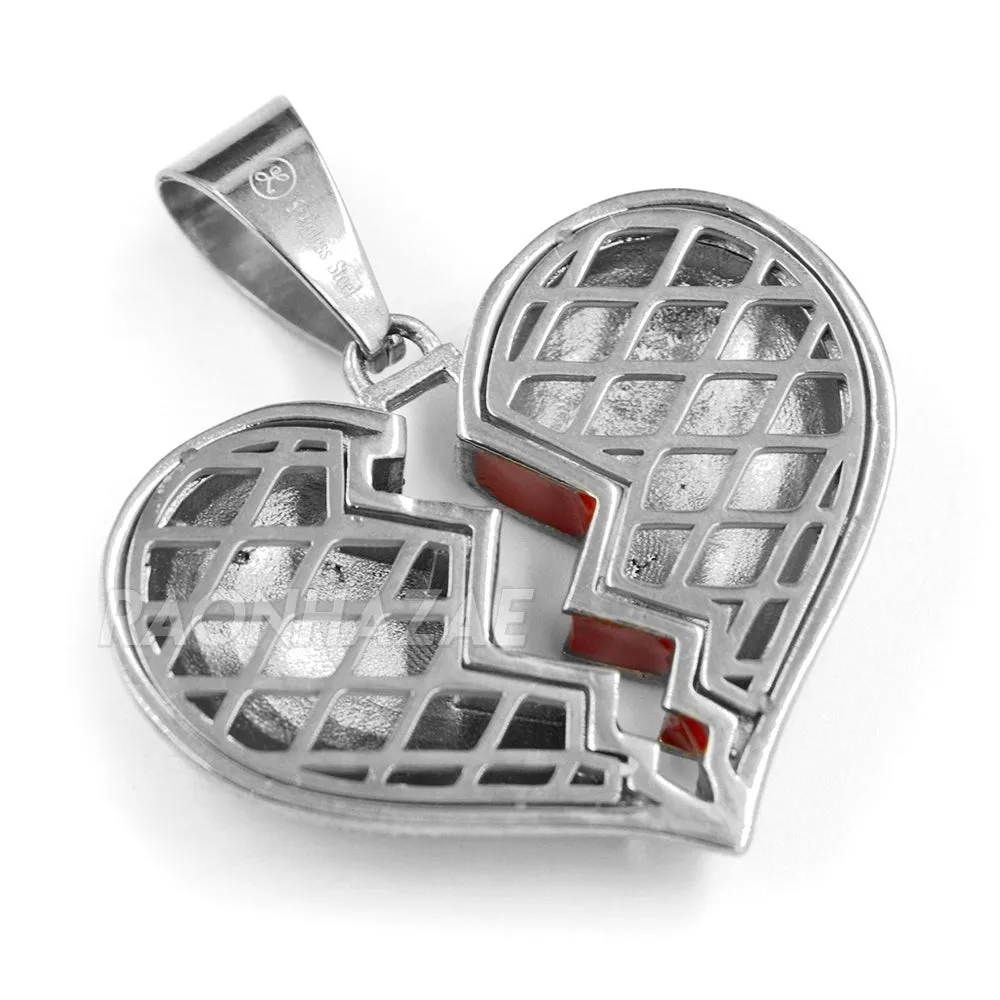 316L Stainless Steel Hip Hop Broken Heart Pendant w/ 4mm Cuban Necklace Set