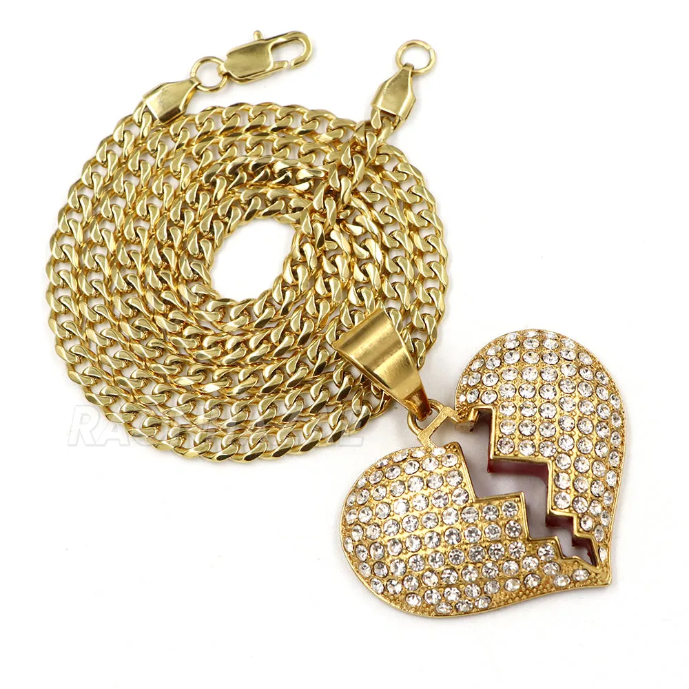 316L Stainless Steel Hip Hop Broken Heart Pendant w/ 4mm Cuban Necklace Set