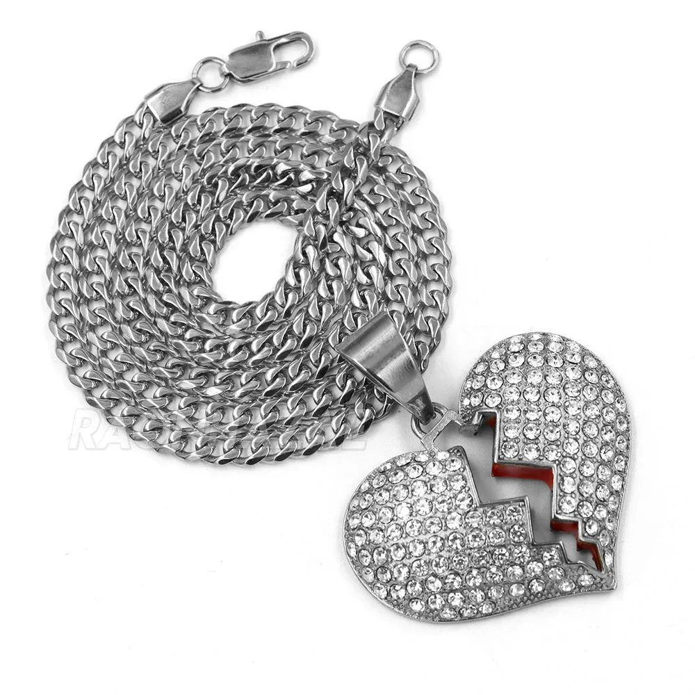 316L Stainless Steel Hip Hop Broken Heart Pendant w/ 4mm Cuban Necklace Set