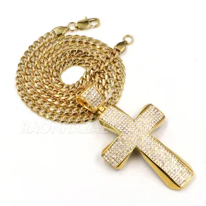 316L Stainless Steel Hip Hop Iced Jesus Cross Pendant w/ 4mm Miami Cuba Chain