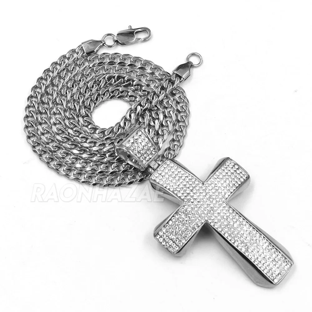 316L Stainless Steel Hip Hop Iced Jesus Cross Pendant w/ 4mm Miami Cuba Chain