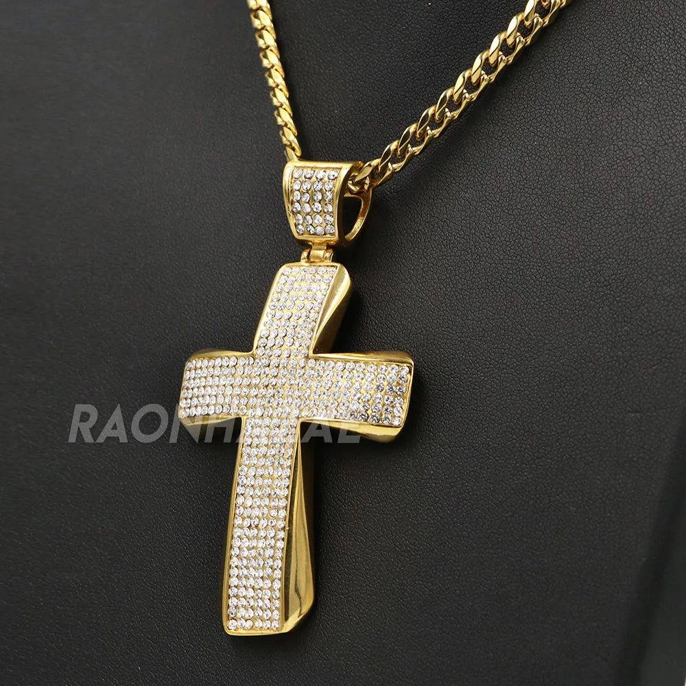 316L Stainless Steel Hip Hop Iced Jesus Cross Pendant w/ 4mm Miami Cuba Chain