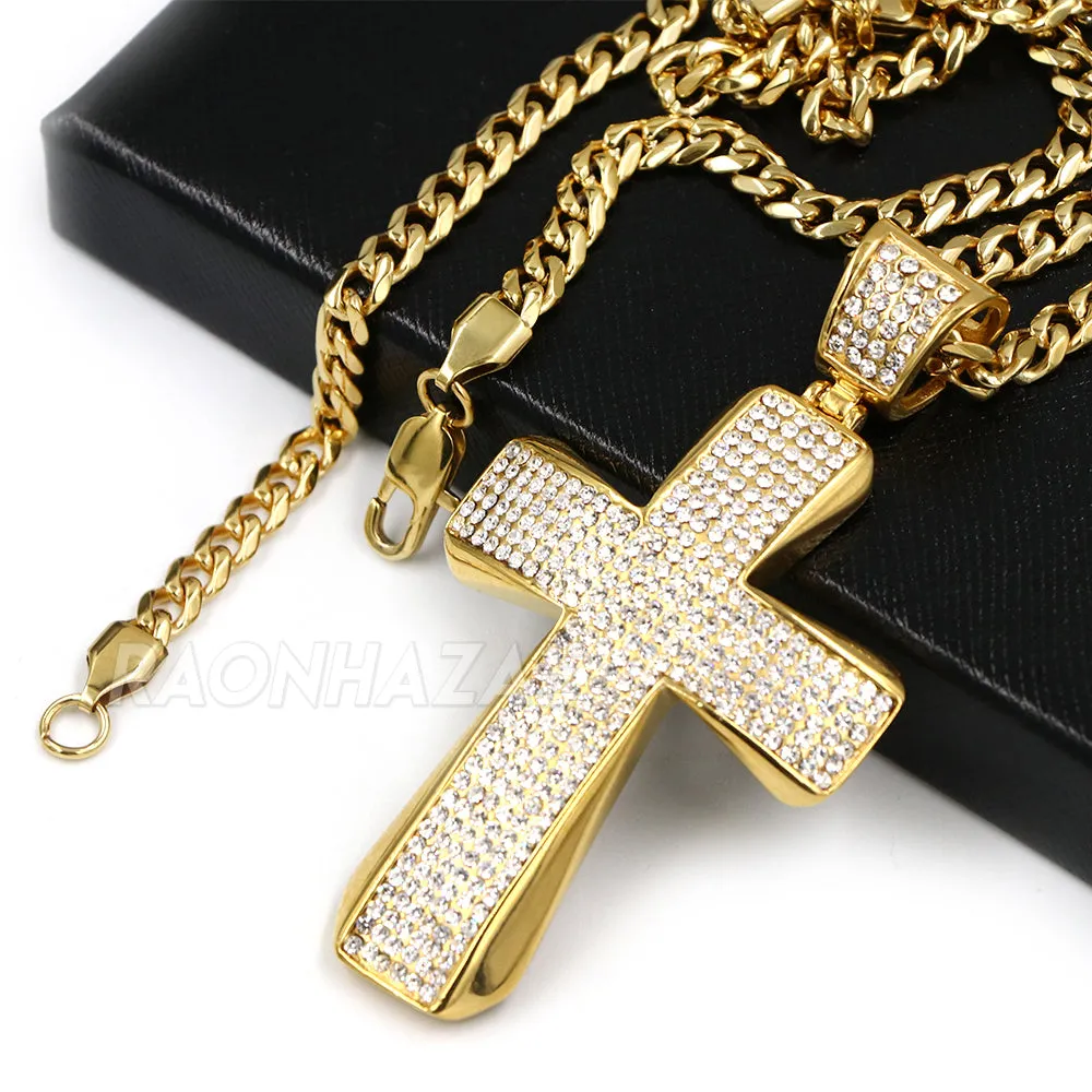 316L Stainless Steel Hip Hop Iced Jesus Cross Pendant w/ 4mm Miami Cuba Chain