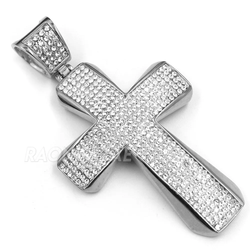 316L Stainless Steel Hip Hop Iced Jesus Cross Pendant w/ 4mm Miami Cuba Chain