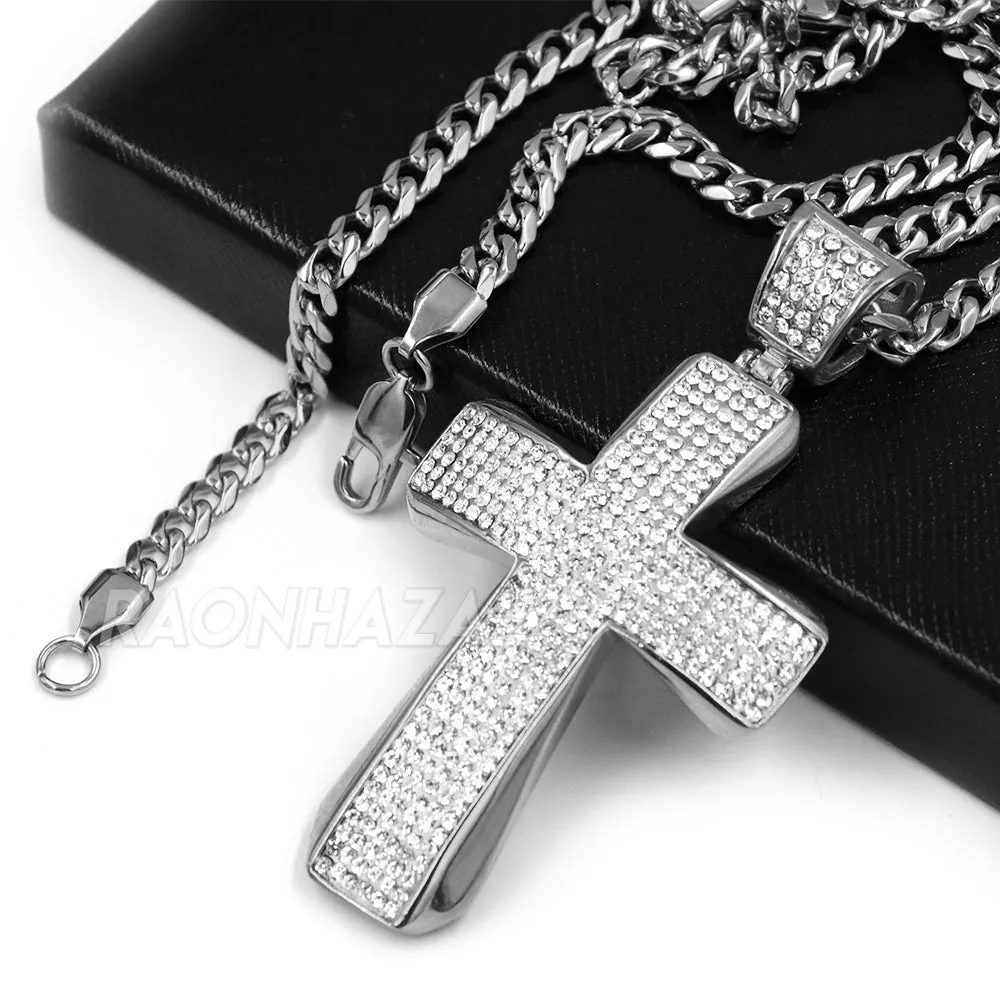 316L Stainless Steel Hip Hop Iced Jesus Cross Pendant w/ 4mm Miami Cuba Chain