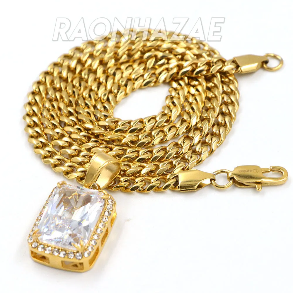 316L Stainless Steel Hip Hop Tesseract Charm Pendant w/ 5mm Miami Cuban Chain