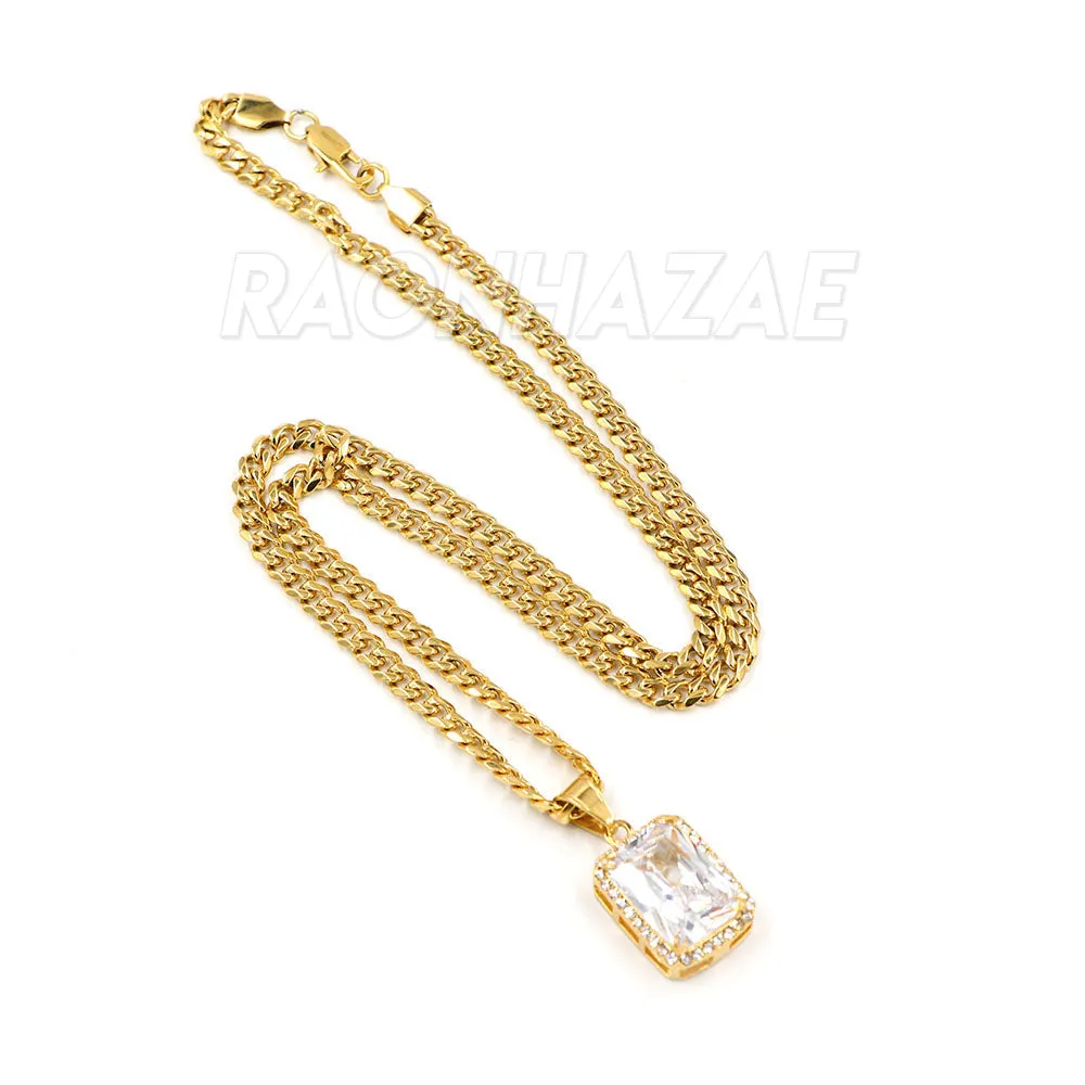 316L Stainless Steel Hip Hop Tesseract Charm Pendant w/ 5mm Miami Cuban Chain
