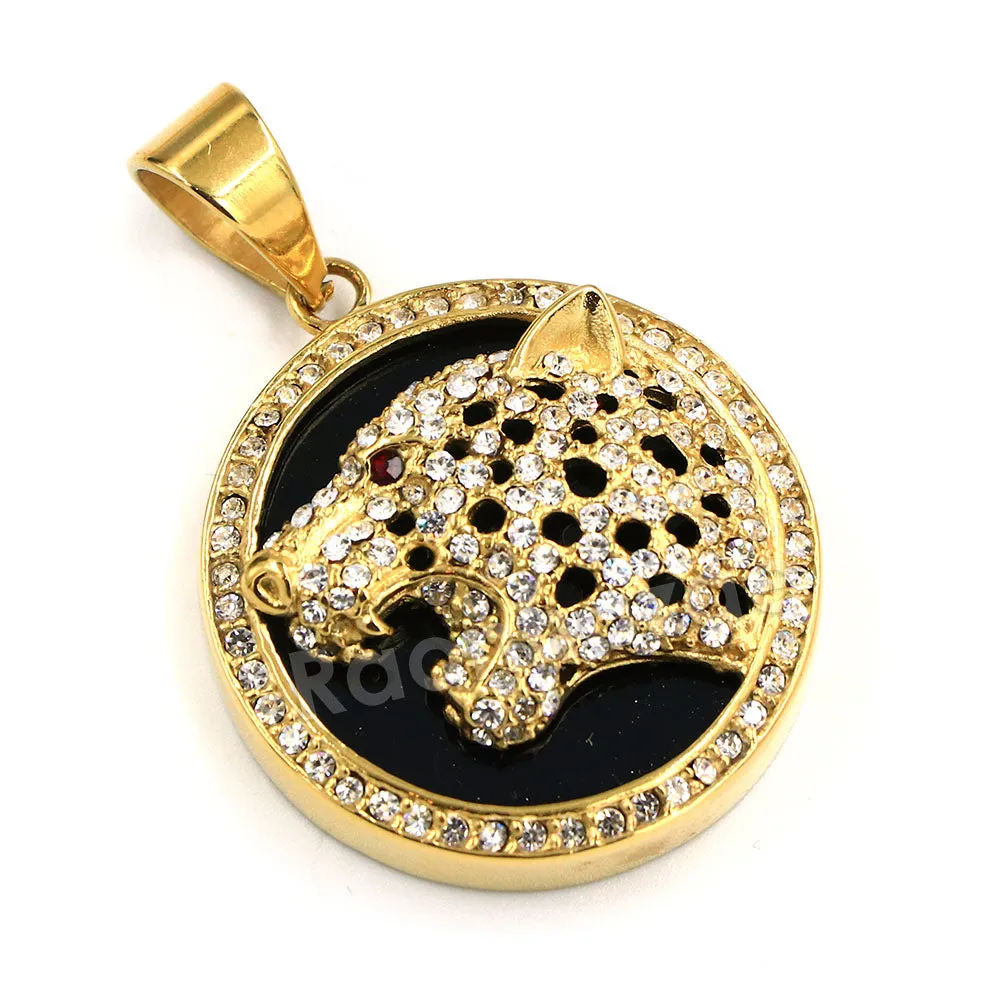 316L Stainless Steel Medallion Iced BLK Jaguar Pendant w/ 4mm Miami Cuban Chain