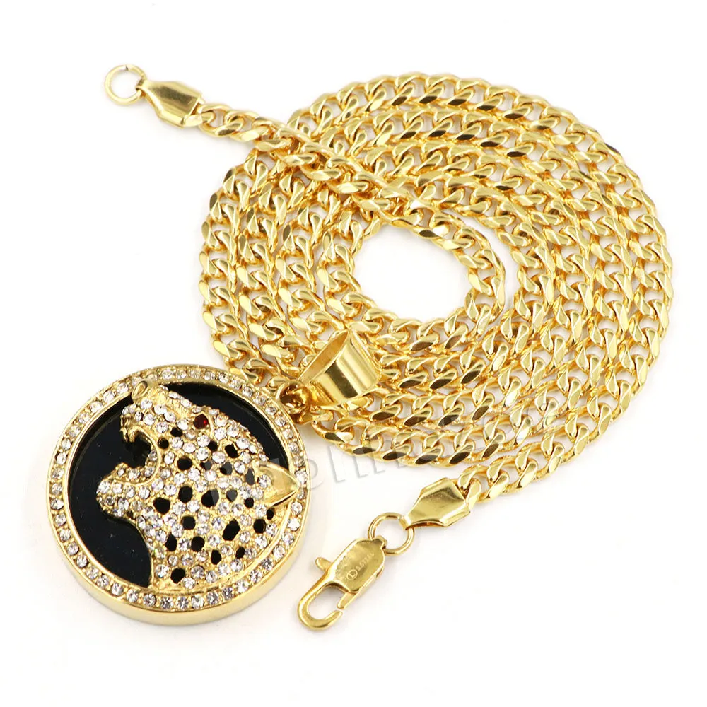 316L Stainless Steel Medallion Iced BLK Jaguar Pendant w/ 4mm Miami Cuban Chain
