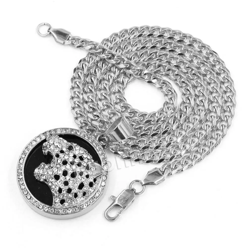 316L Stainless Steel Medallion Iced BLK Jaguar Pendant w/ 4mm Miami Cuban Chain