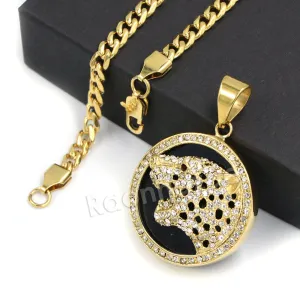 316L Stainless Steel Medallion Iced BLK Jaguar Pendant w/ 4mm Miami Cuban Chain