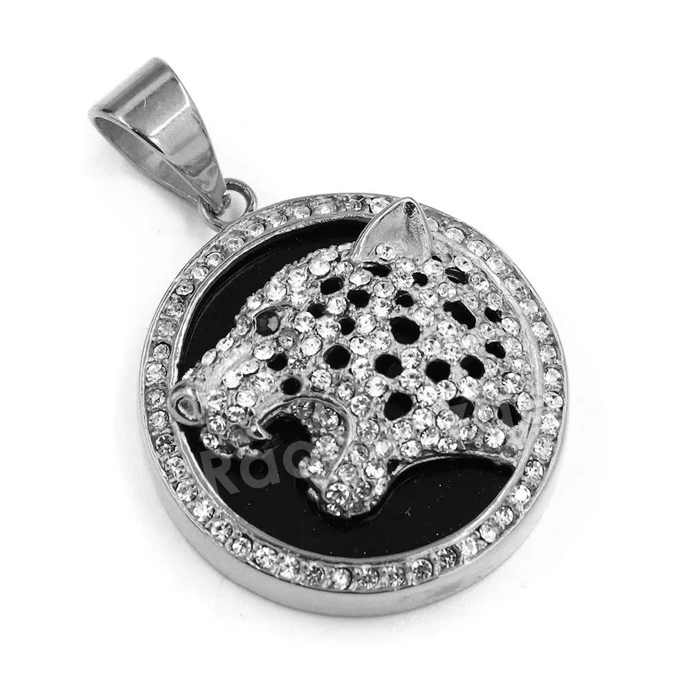 316L Stainless Steel Medallion Iced BLK Jaguar Pendant w/ 4mm Miami Cuban Chain