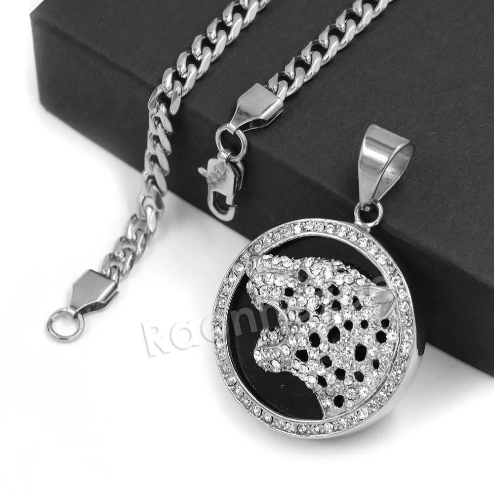 316L Stainless Steel Medallion Iced BLK Jaguar Pendant w/ 4mm Miami Cuban Chain