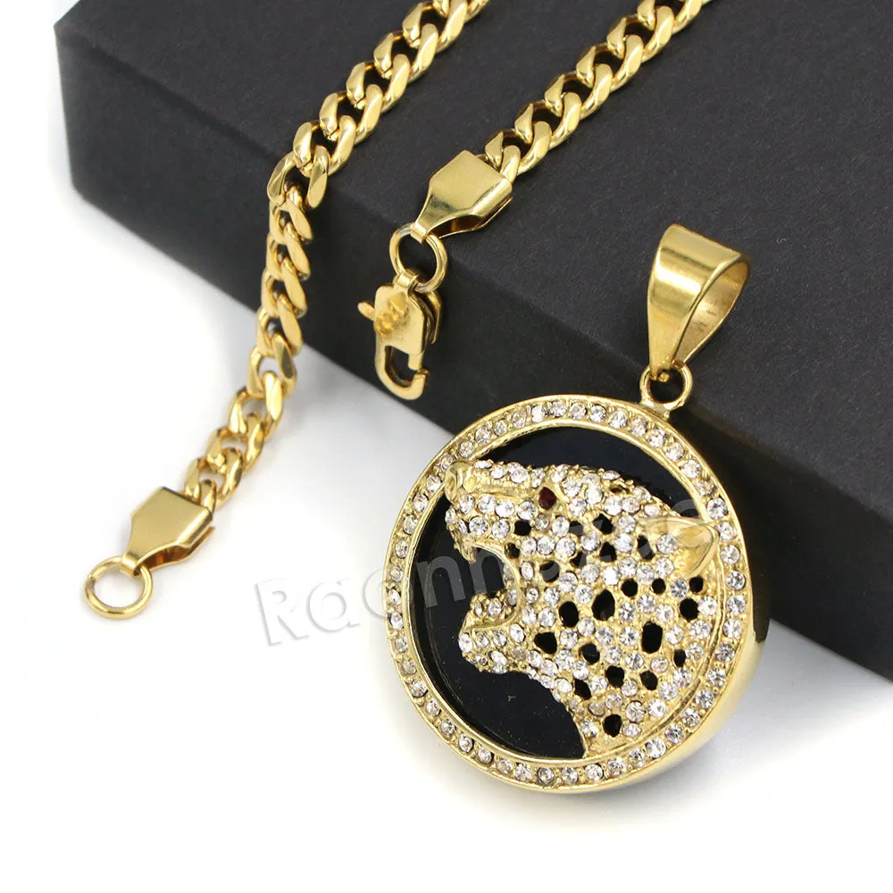 316L Stainless Steel Medallion Iced BLK Jaguar Pendant w/ 4mm Miami Cuban Chain