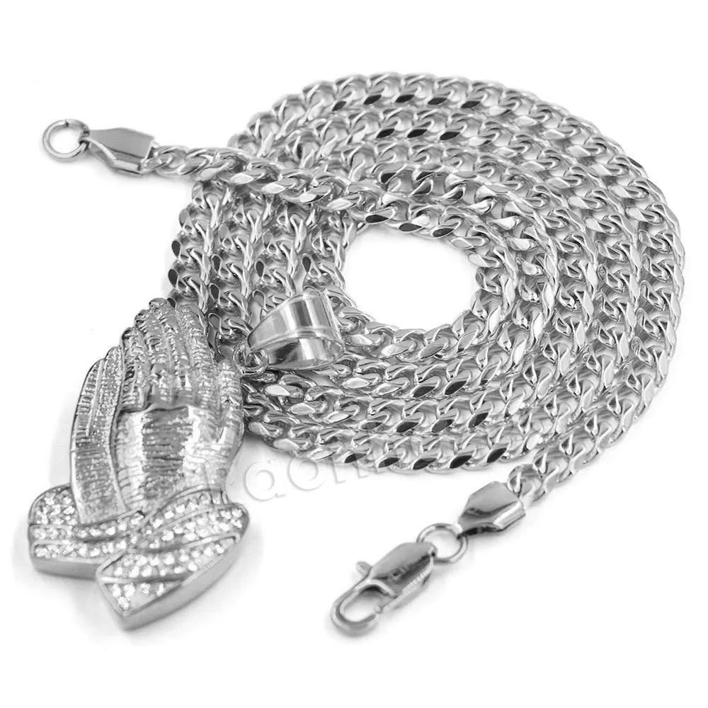 316L Stainless Steel Praying Hands Ice Out Pendant w/ 4mm Miami Cuban Chain