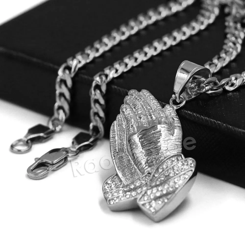 316L Stainless Steel Praying Hands Ice Out Pendant w/ 4mm Miami Cuban Chain