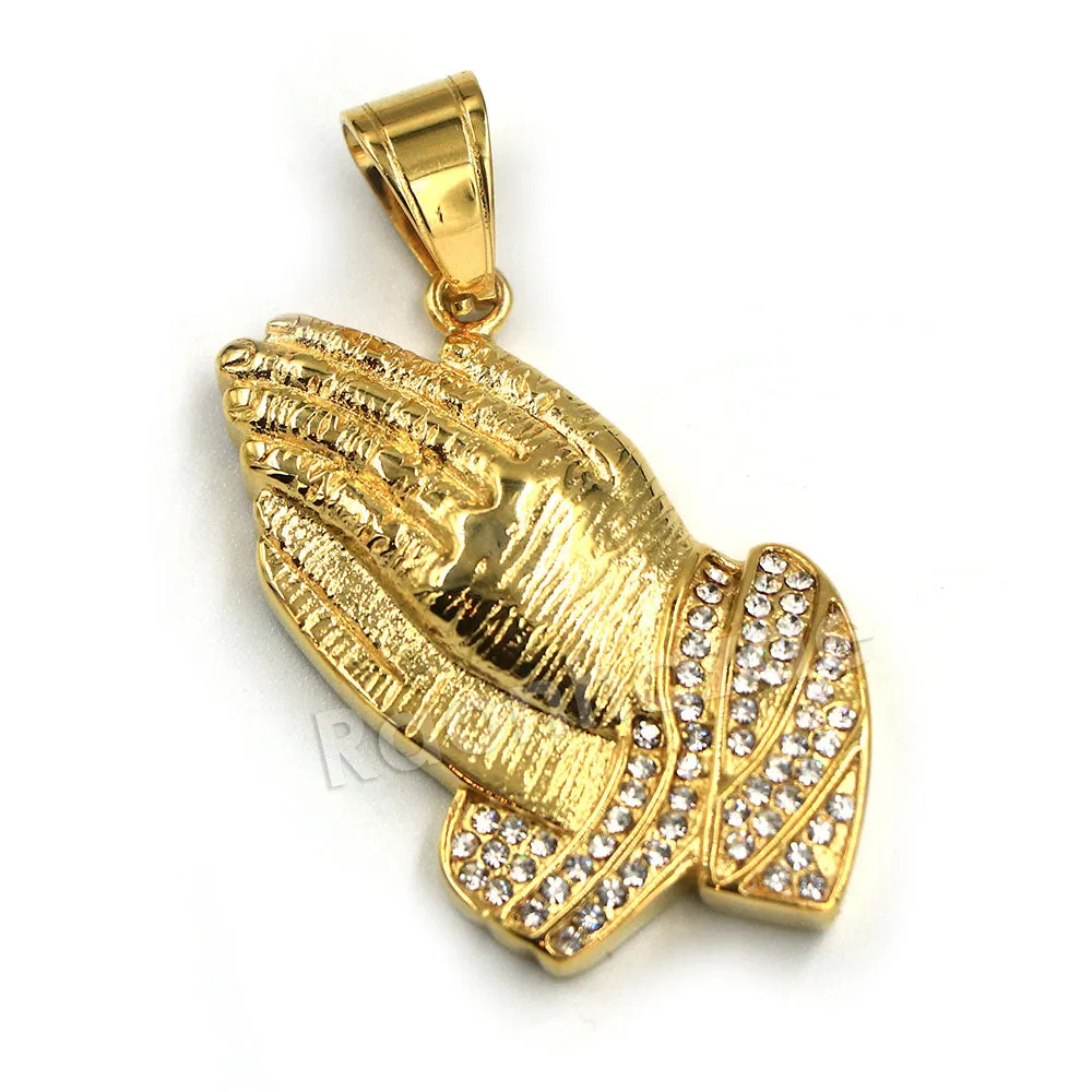 316L Stainless Steel Praying Hands Ice Out Pendant w/ 4mm Miami Cuban Chain