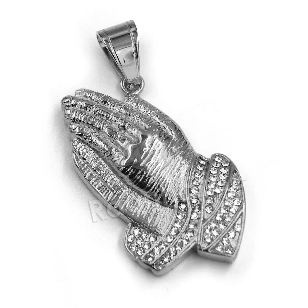 316L Stainless Steel Praying Hands Ice Out Pendant w/ 4mm Miami Cuban Chain