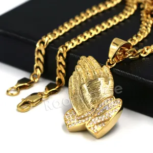 316L Stainless Steel Praying Hands Ice Out Pendant w/ 4mm Miami Cuban Chain