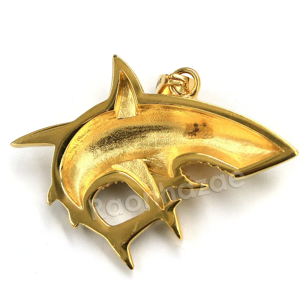 316L Stainless Steel Shark Predator Iced Pendant w/ 4mm Miami Cuban Chain