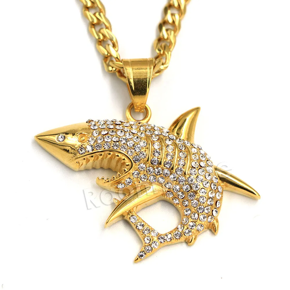 316L Stainless Steel Shark Predator Iced Pendant w/ 4mm Miami Cuban Chain