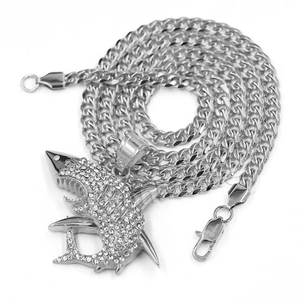316L Stainless Steel Shark Predator Iced Pendant w/ 4mm Miami Cuban Chain