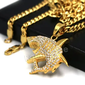 316L Stainless Steel Shark Predator Iced Pendant w/ 4mm Miami Cuban Chain