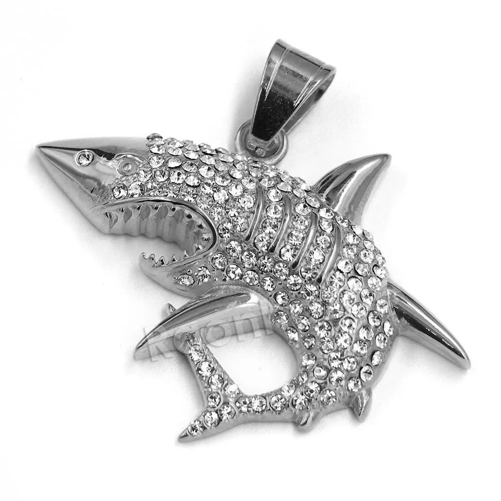 316L Stainless Steel Shark Predator Iced Pendant w/ 4mm Miami Cuban Chain
