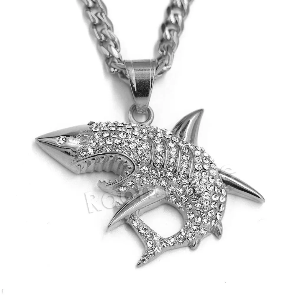 316L Stainless Steel Shark Predator Iced Pendant w/ 4mm Miami Cuban Chain