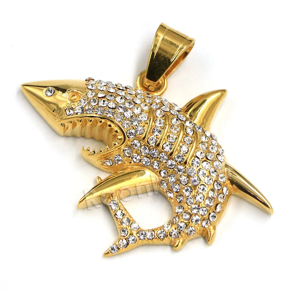 316L Stainless Steel Shark Predator Iced Pendant w/ 4mm Miami Cuban Chain