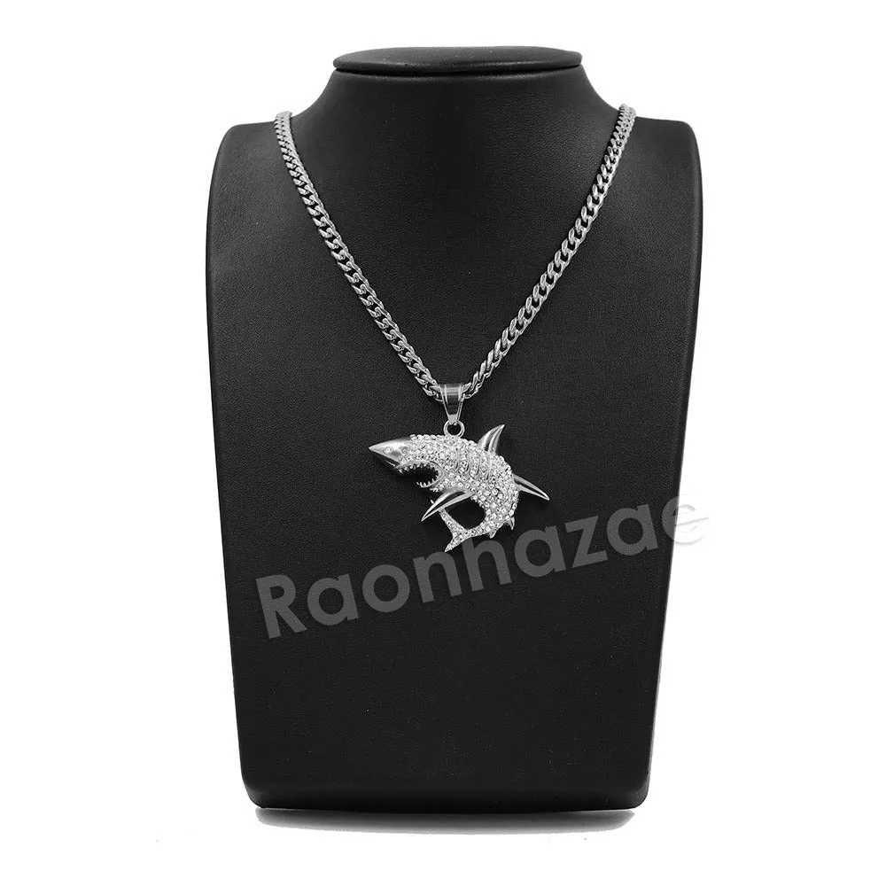 316L Stainless Steel Shark Predator Iced Pendant w/ 4mm Miami Cuban Chain