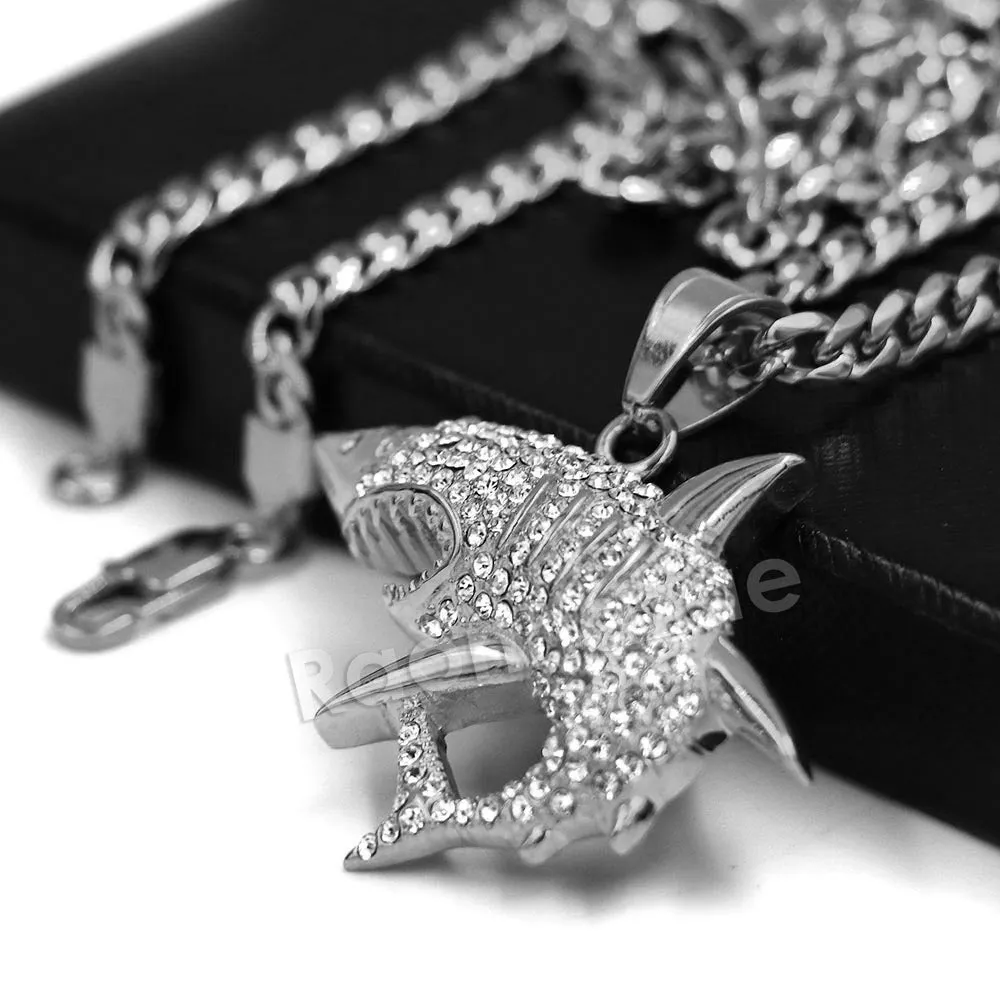 316L Stainless Steel Shark Predator Iced Pendant w/ 4mm Miami Cuban Chain