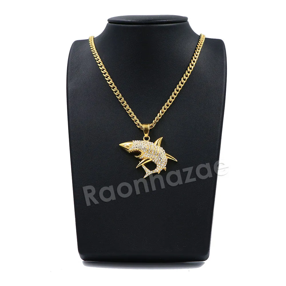 316L Stainless Steel Shark Predator Iced Pendant w/ 4mm Miami Cuban Chain