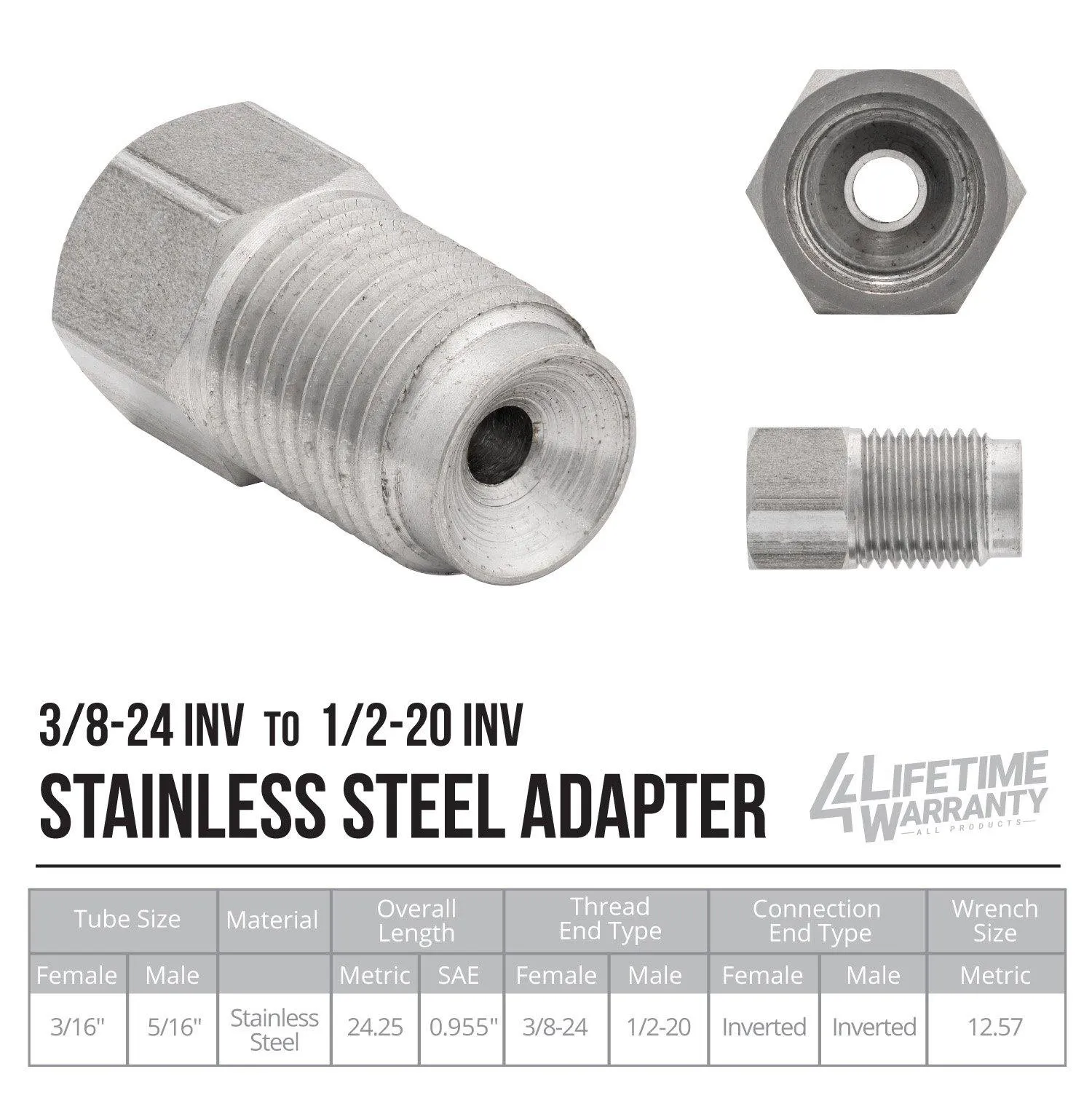(3/8-24 Inverted)F to (1/2-20 Inverted)M | Stainless Steel Brake Line Adapter | 10ct