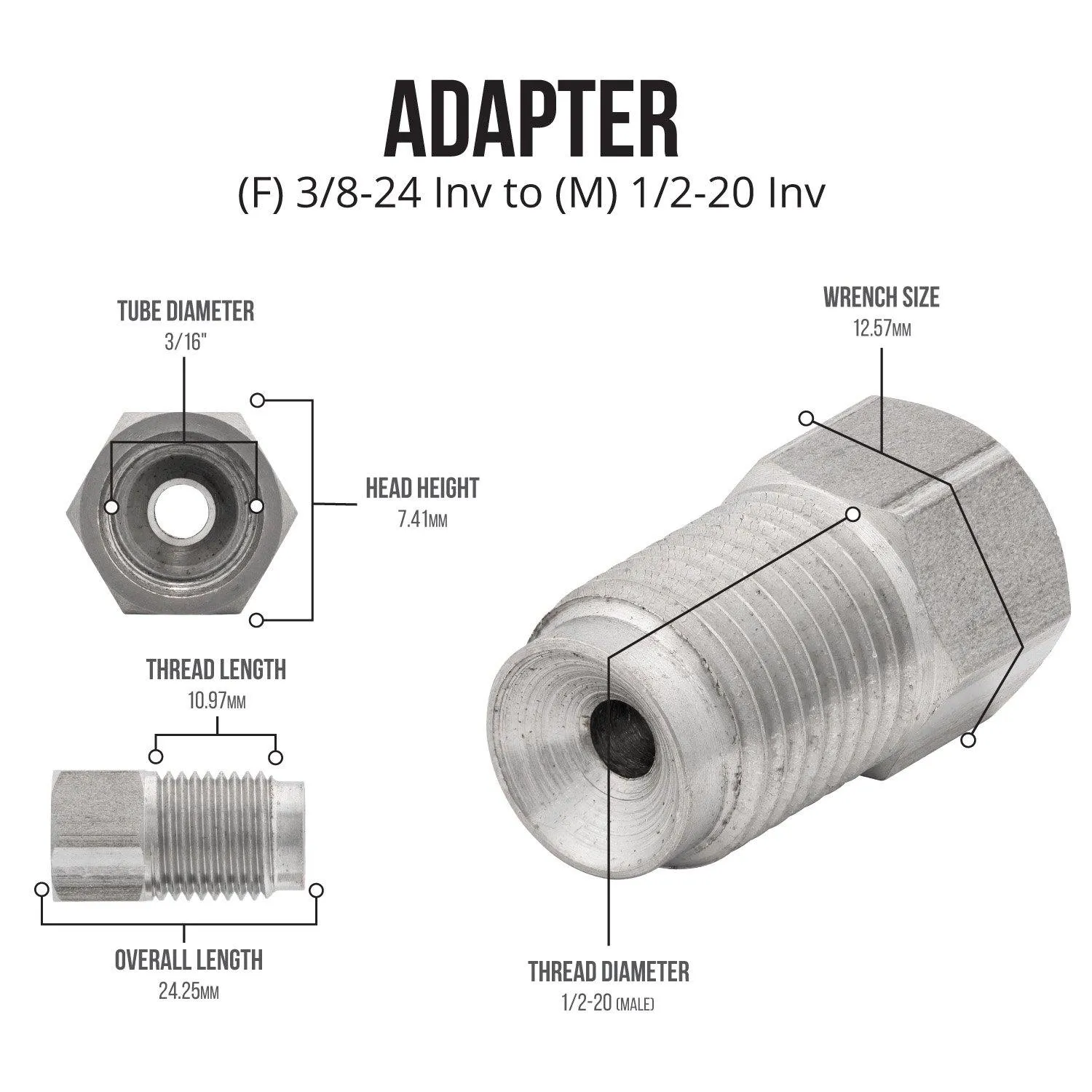 (3/8-24 Inverted)F to (1/2-20 Inverted)M | Stainless Steel Brake Line Adapter | 10ct