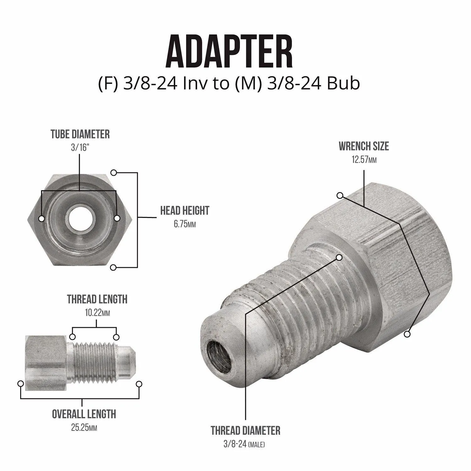 (3/8-24 Inverted)F to (3/8-24 Bubble)M | Stainless Steel Brake Line Adapter | 10ct