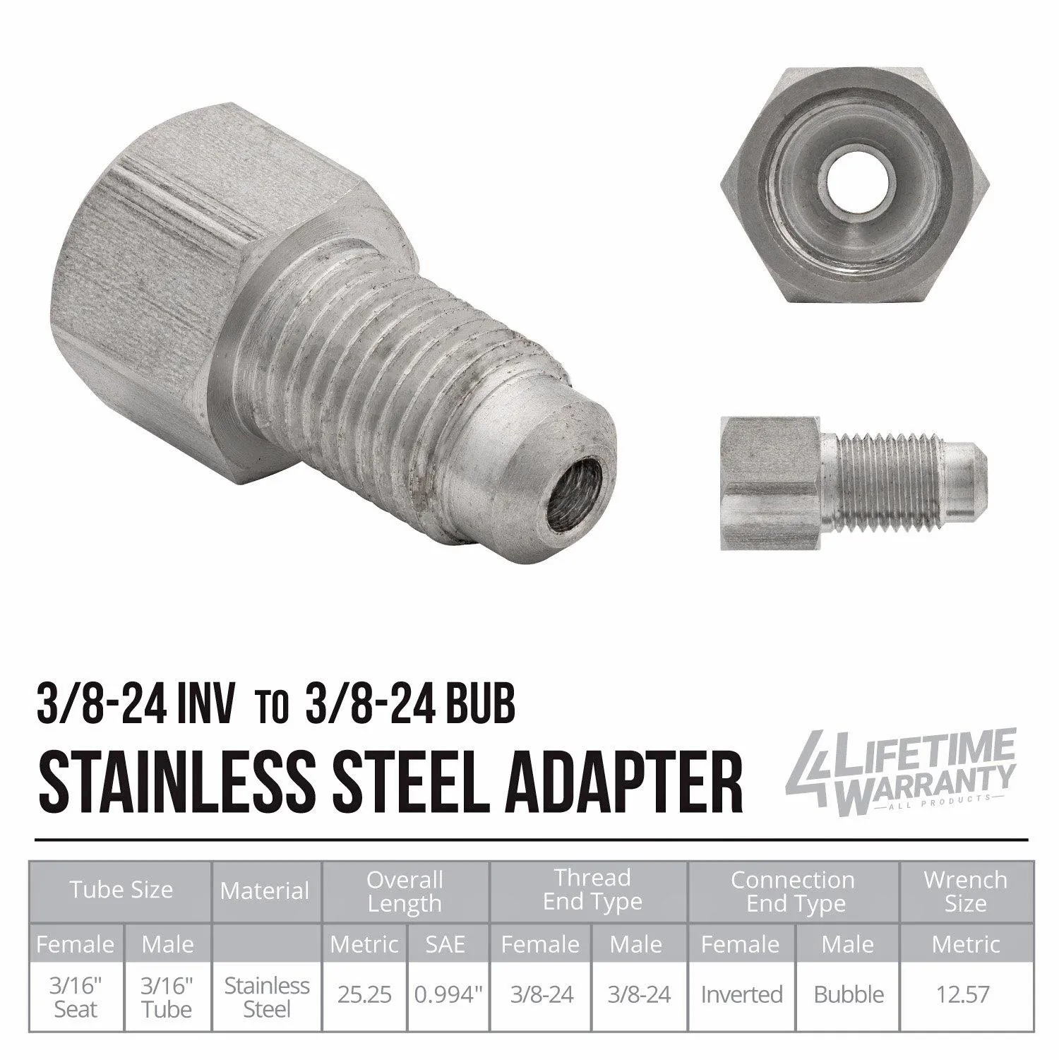 (3/8-24 Inverted)F to (3/8-24 Bubble)M | Stainless Steel Brake Line Adapter | 10ct