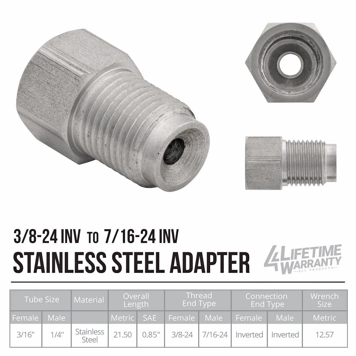 (3/8-24 Inverted)F to (7/16-24 Inverted)M | Stainless Steel Brake Line Adapter | 10ct