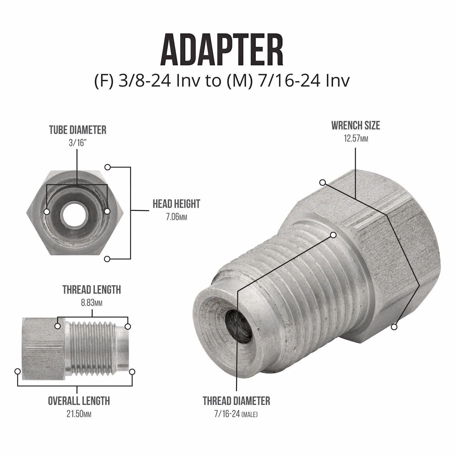 (3/8-24 Inverted)F to (7/16-24 Inverted)M | Stainless Steel Brake Line Adapter | 10ct