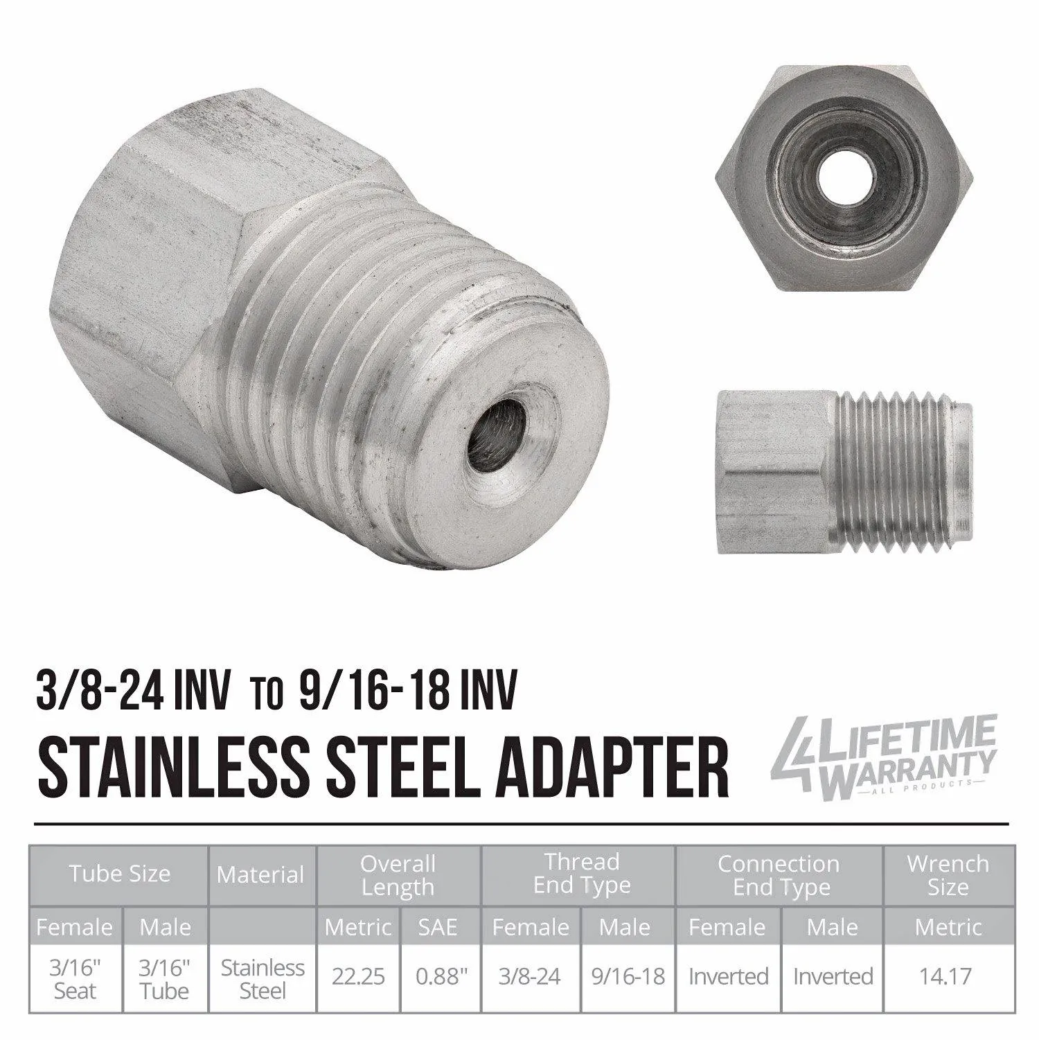 (3/8-24 Inverted)F to (9/16-18 Inverted)M | Stainless Steel Brake Line Adapter | 10ct