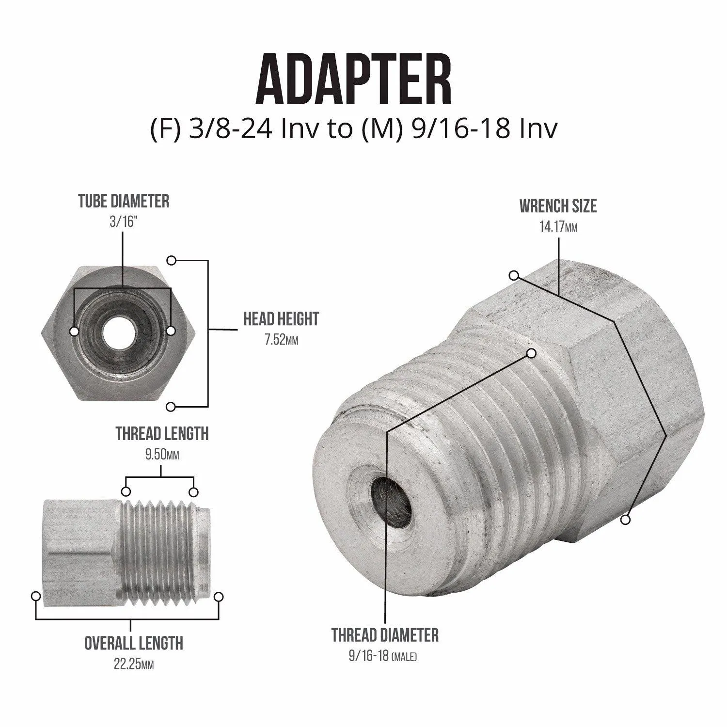 (3/8-24 Inverted)F to (9/16-18 Inverted)M | Stainless Steel Brake Line Adapter | 10ct