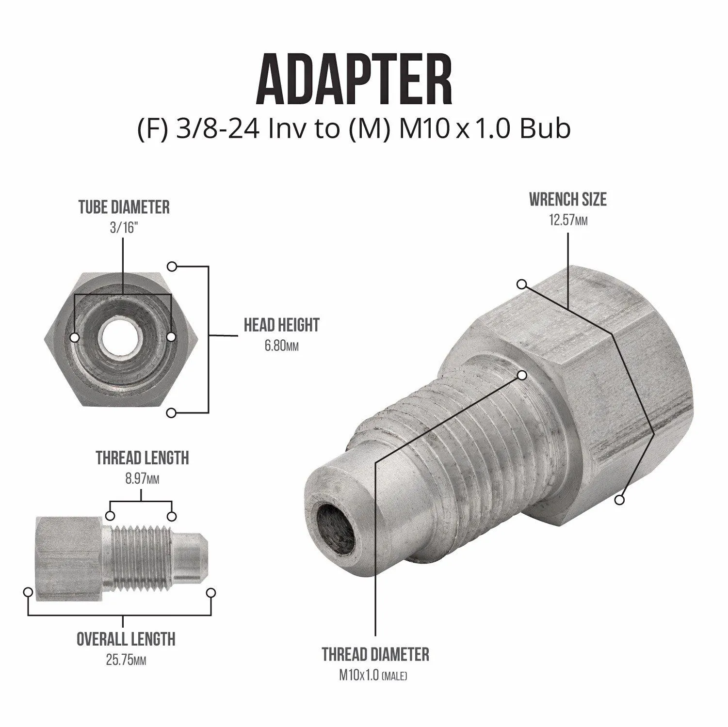 (3/8-24 Inverted)F to (M10x1.0 Bubble)M | Stainless Steel Brake Line Adapter | 10ct