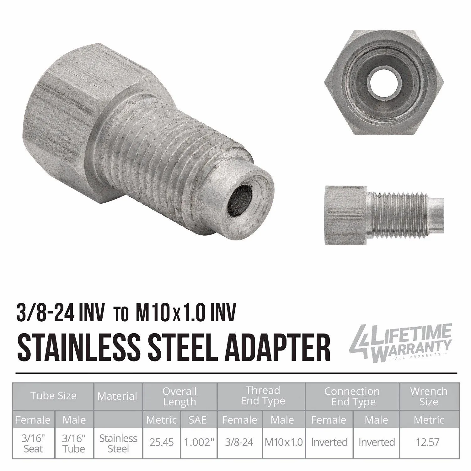 (3/8-24 Inverted)F to (M10x1.0 Inverted)M | Stainless Steel Brake Line Adapter | 10ct