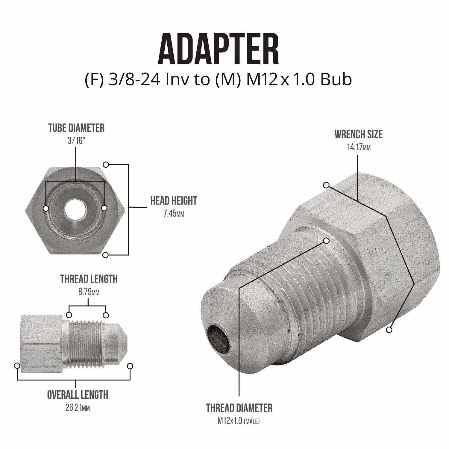 (3/8-24 Inverted)F to (M12x1.0 Bubble)M | Stainless Steel Brake Line Adapter | 10ct