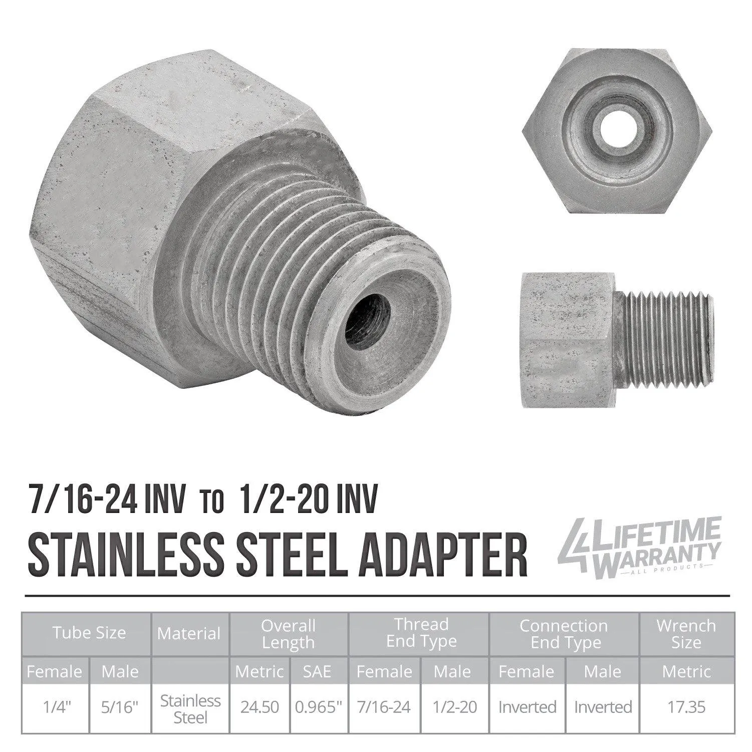 (7/16-24 Inverted)F to (1/2-20 Inverted)M | Stainless Steel Brake Line Adapter | 10ct