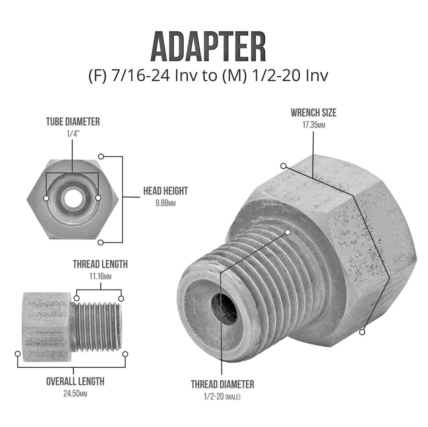 (7/16-24 Inverted)F to (1/2-20 Inverted)M | Stainless Steel Brake Line Adapter | 10ct