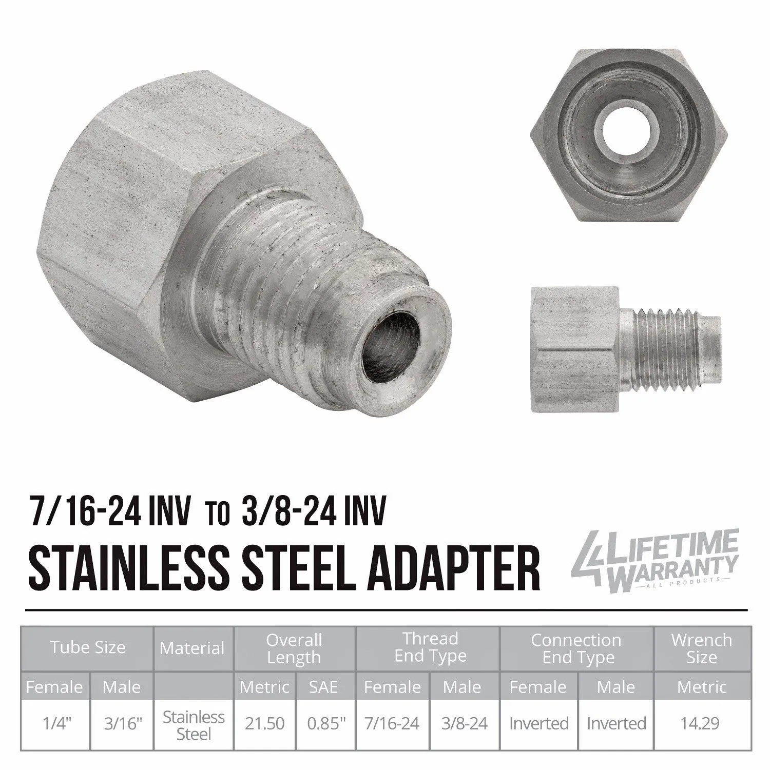(7/16-24 Inverted)F to (3/8-24 Inverted)M | Stainless Steel Brake Line Adapter | 10ct