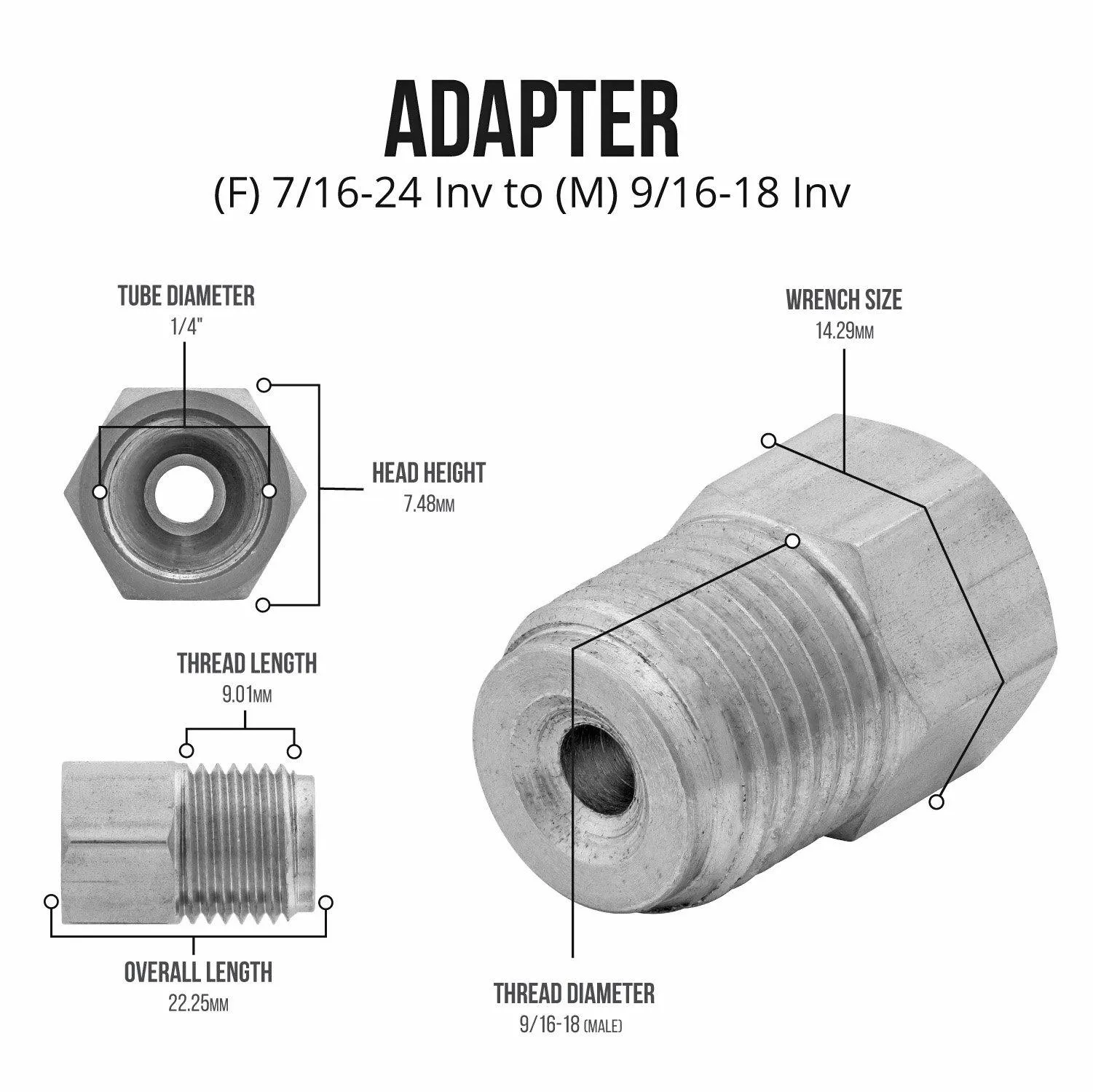 (7/16-24 Inverted)F to (9/16-18 Inverted)M | Stainless Steel Brake Line Adapter | 10ct