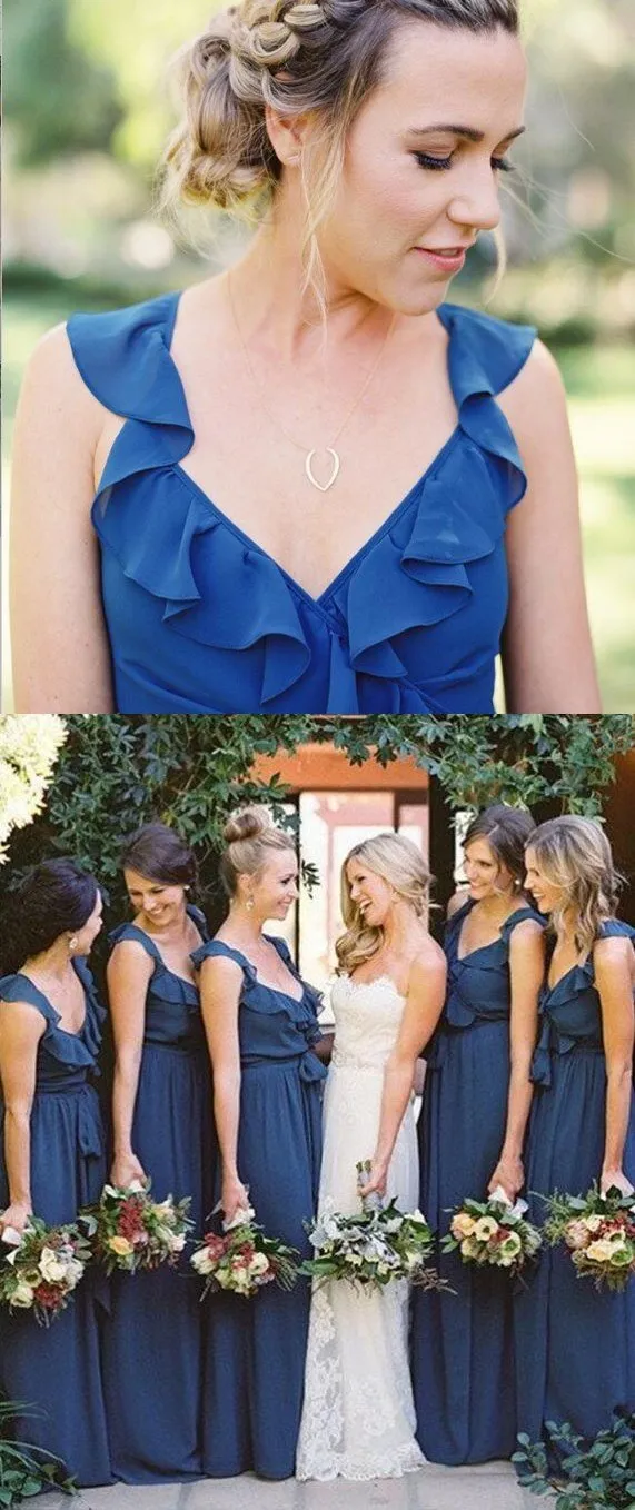 A-line Scoop Sleeveless Floor-Length Unique Design Cheap Ruffles Bridesmaid Dresses  , WG399