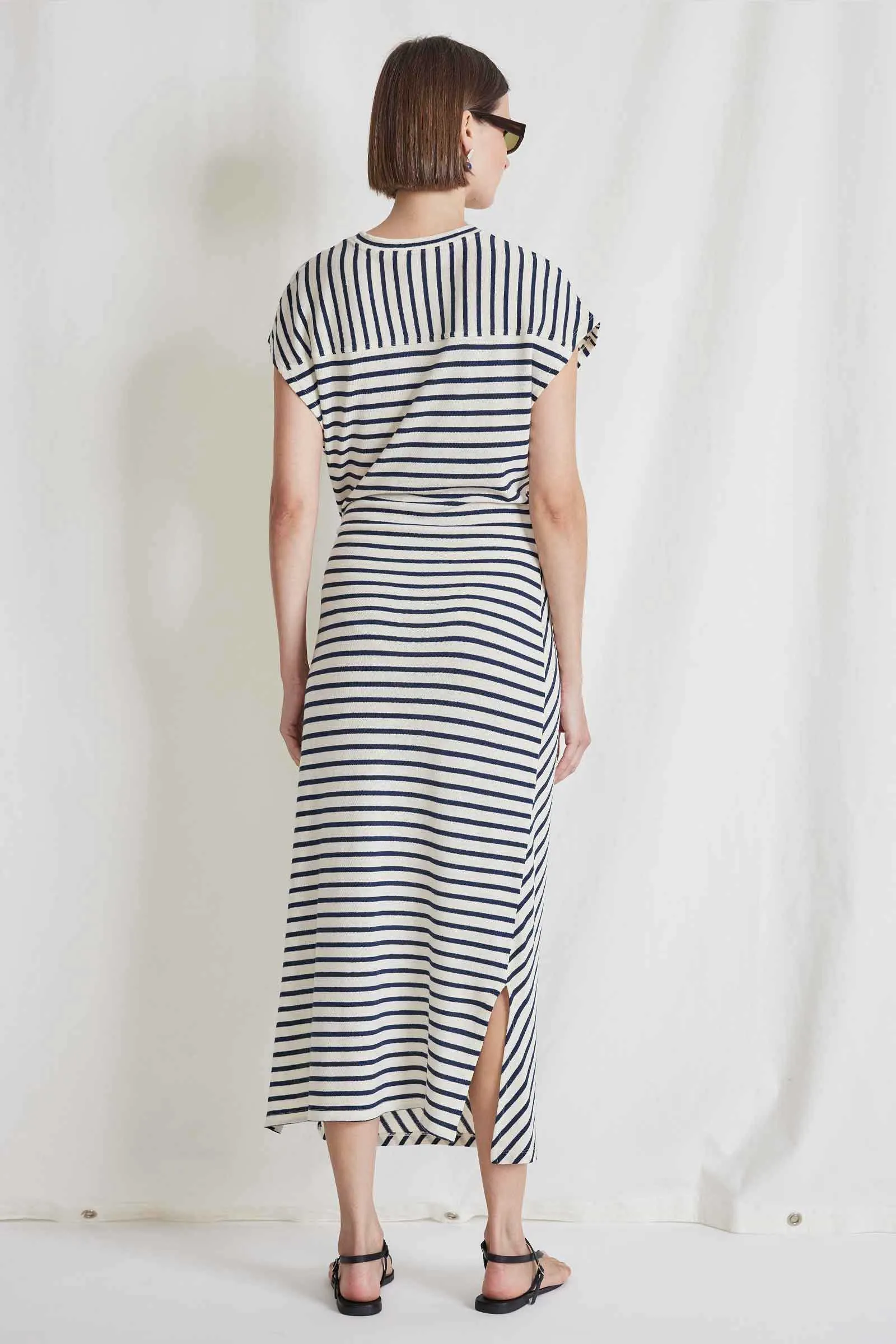 Apiece Apart Vanina Cinched Waist Dress in Navy Cream Stripe